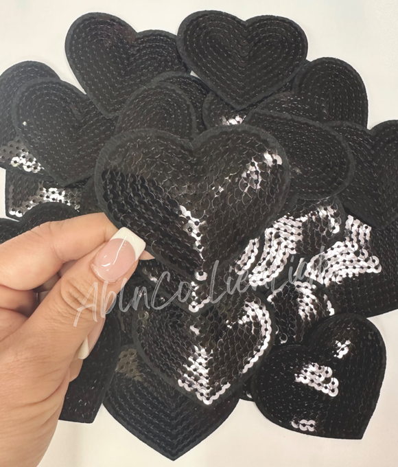 3” black heart sequins patch