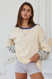T2433 Striped Contrast Sleeve Oversized Terry Top: Cream / S-M-L (2-2-2)