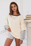 T2433 Striped Contrast Sleeve Oversized Terry Top: Cream / S-M-L (2-2-2)