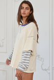 T2433 Striped Contrast Sleeve Oversized Terry Top: Cream / S-M-L (2-2-2)