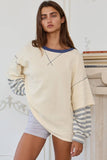 T2433 Striped Contrast Sleeve Oversized Terry Top: Cream / S-M-L (2-2-2)