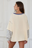T2433 Striped Contrast Sleeve Oversized Terry Top: Cream / S-M-L (2-2-2)