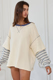 T2433 Striped Contrast Sleeve Oversized Terry Top: Cream / S-M-L (2-2-2)