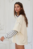 T2433 Striped Contrast Sleeve Oversized Terry Top: Cream / S-M-L (2-2-2)