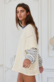 T2433 Striped Contrast Sleeve Oversized Terry Top: Cream / S-M-L (2-2-2)
