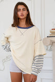 T2433 Striped Contrast Sleeve Oversized Terry Top: Cream / S-M-L (2-2-2)