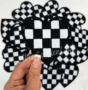 Black checkered heart patch 3”