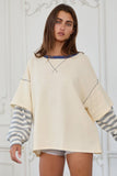 T2433 Striped Contrast Sleeve Oversized Terry Top: Cream / S-M-L (2-2-2)