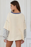 T2433 Striped Contrast Sleeve Oversized Terry Top: Cream / S-M-L (2-2-2)