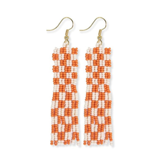 Woven top checkerboard fringe earrings orange/white