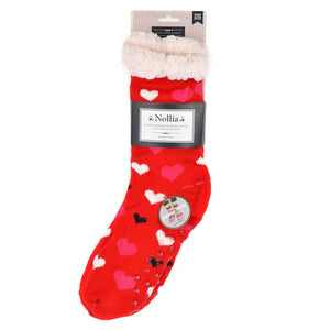 Red Plush Sherpa Winter Hearts Slipper Socks