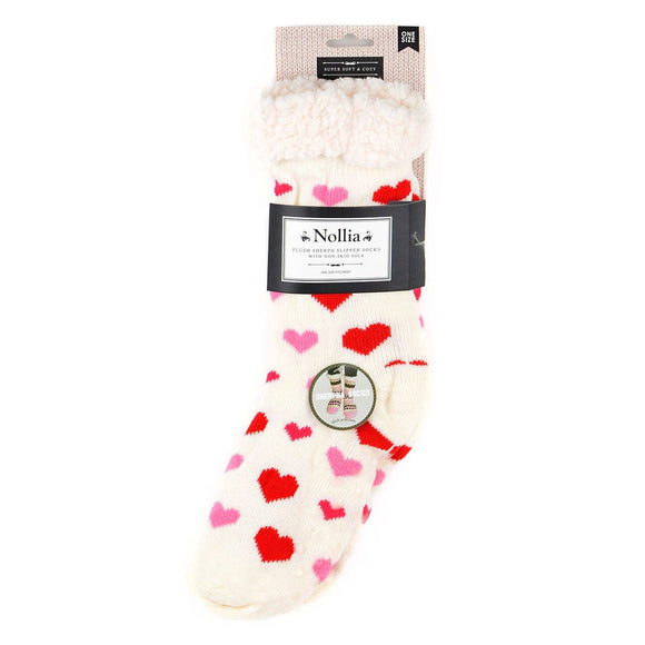 White Plush Sherpa Winter Hearts Slipper Socks