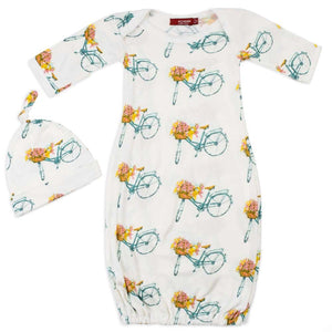 Organic Newborn Gown/Hat Floral Bicycle