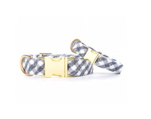 Gray and White Check Flannel Dog Collar S / Gold