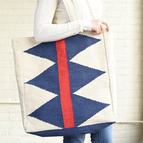 Blue Diamonds with red stripe Dhurrie Tote Bag