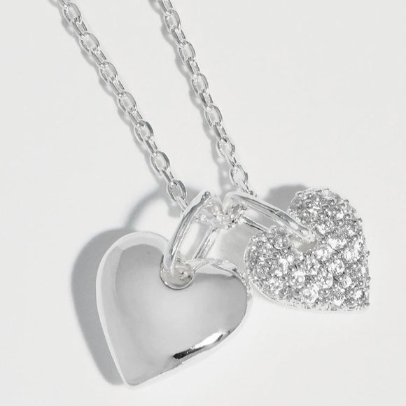 Double Heart Necklace Silver Pave