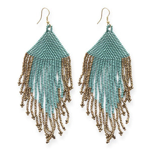 TEAL AND GOLD FRINGE SEED BEAD EARRINGS 4"
