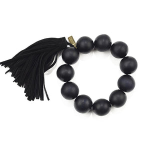 Black Wood Bead and Black Suede Tassel Bracelet