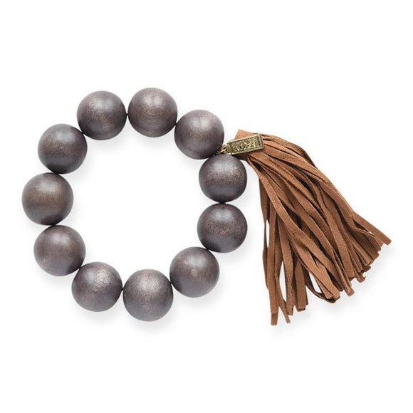 Grey Wood Bead and Brown Suede Tassel Bracelet
