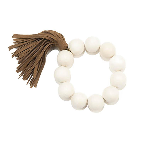 White Wood Bead and Brown Suede Tassel Bracelet