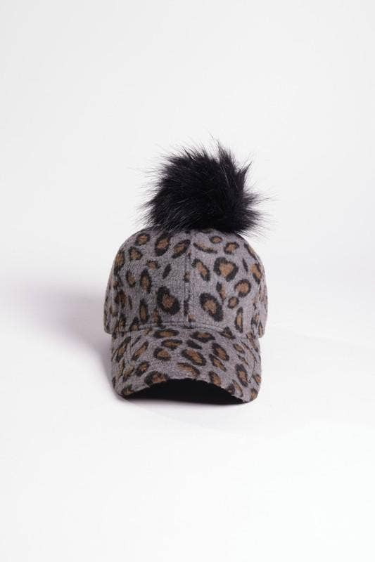 Leopard Baseball Cap with Pom-Pom Gray